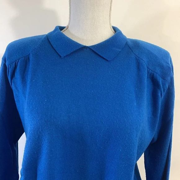 Vintage 70s Collared Sweater by CAPTIONS Bright Royal Blue Shoulder Pads Acrylic - Picture 4 of 8